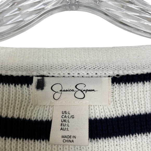 Jessica Simpson Striped Cropped Cardigan Sweater Nautical Buttons Pockets L - Picture 5 of 8